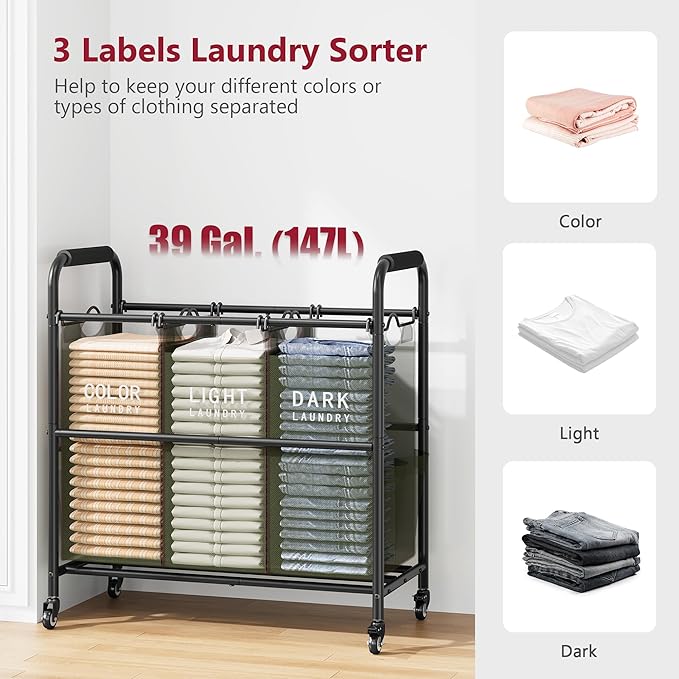 Tajsoon 3 Bag Laundry Sorter Cart, Laundry Hamper Sorter Basket with Heavy Duty Lockable Rolling Wheels for Clothes Storage, Green