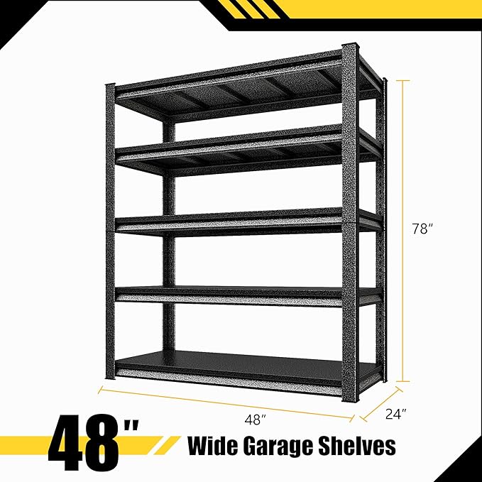 Metal Garage Shelving Heavy Duty，3000LBS Loads Garage Storage Shelves, 48”W 5-Tier Adjustable Storage Racks and Shelving Units for Garage Basement and Kitchen, 48”W x 24”D x 78”H,Silver