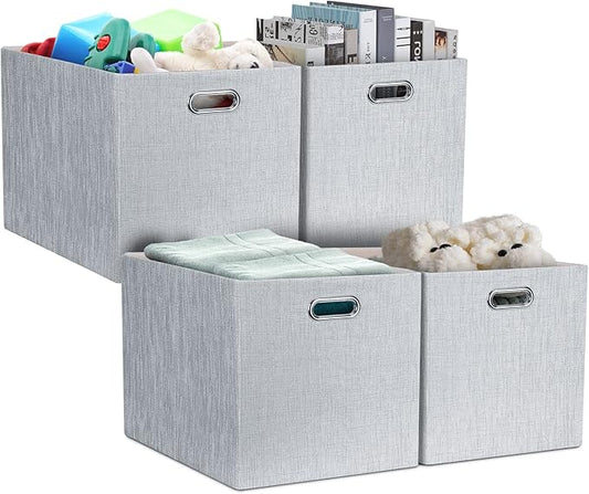 Posprica 13x15x13in Collapsible Storage Bins, Fabric Foldable Cube Storage Boxes, Decorative Storage Baskets Organizer for IKEA Kallax, Shelves, Closet, Clothes, Toy, Set of 4-Grey