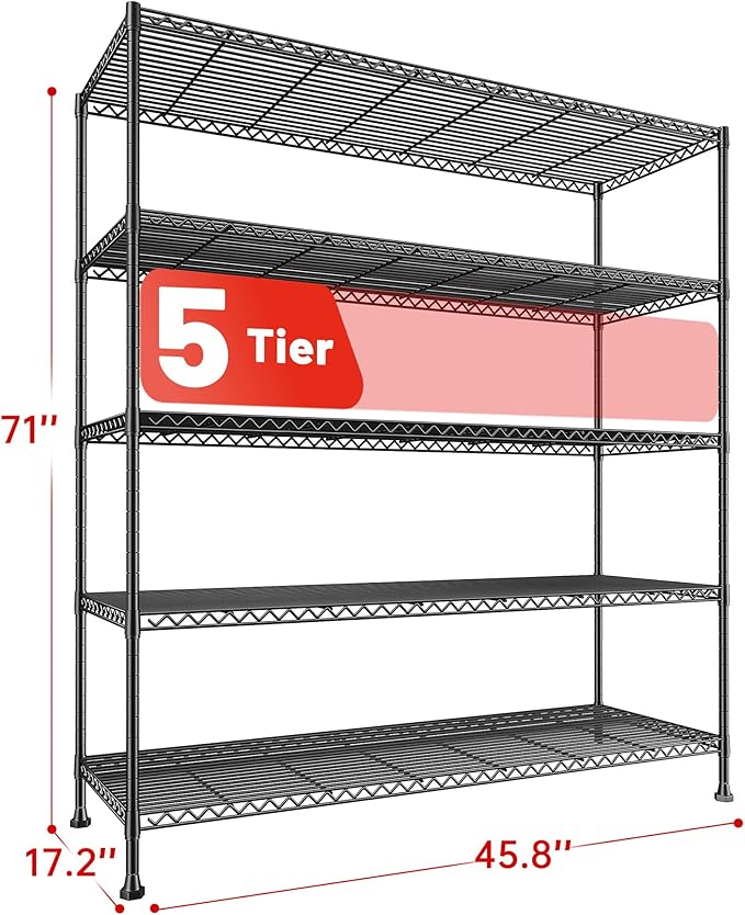 REIBII 45.8" W Storage Shelves, Heavy Duty 5-Tier Wire Shelving Unit, Adjustable Metal Shelving for Pantry Kitchen Supermarket Commercial Stockroom Restaurant, Tool-Free Assembly, Black