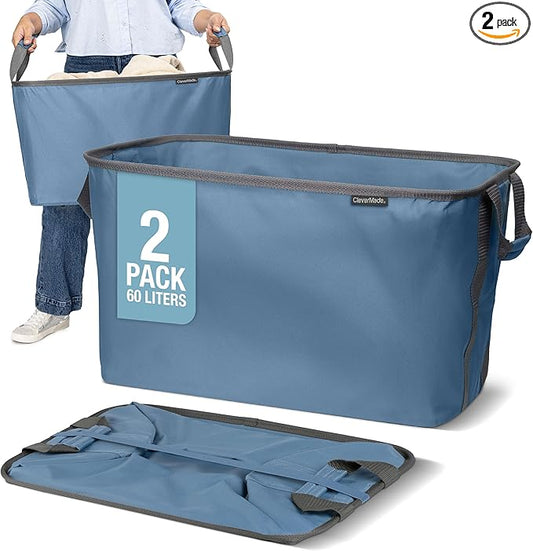 CleverMade Collapsible Laundry Basket 2 Pack – 60L (16 Gal) Foldable Clothes Hamper with Reinforced Handles, Space Saving Fabric Laundry Bin, Holds 55 lbs, Flat Folding for Dorm, Apartment & RV - Denim