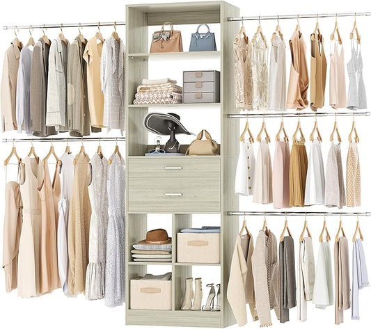 Besiost Closet System, 4-8 FT Closet Organizer Tower with 2 Wooden Drawers and Shelves, Can Fit 60 to 96 inch Walk-in Closet System with 5 Hang Rods, Built-in, Greige Oak