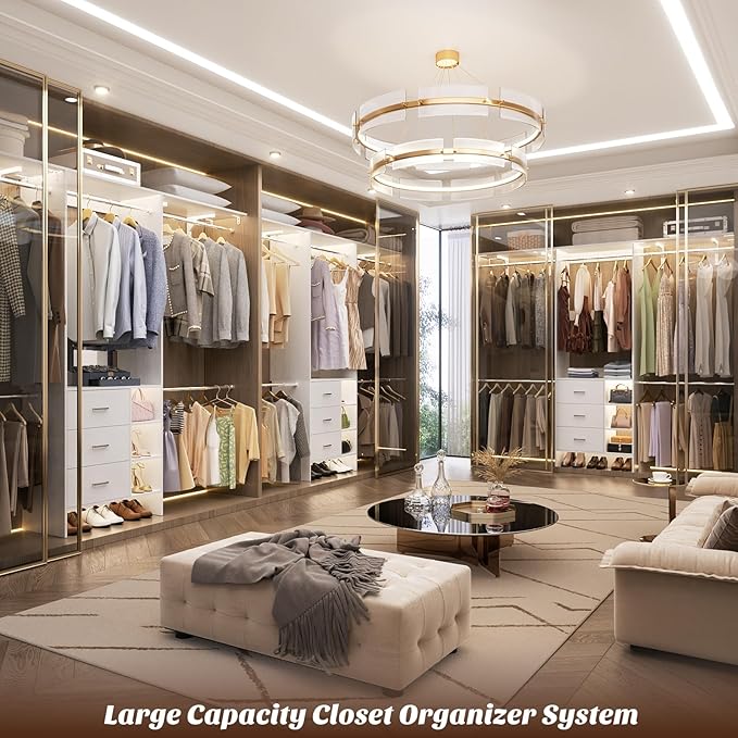 Aheaplus Closet System, Closet Organizer with 3 Wooden Drawers, 8FT Closet Organizer System, 96’’ Walk-in Closet Wardrobe Clothes Rack with Hanging Rods, Garment Rack, Fits 5.3-9 ft, -W3,White