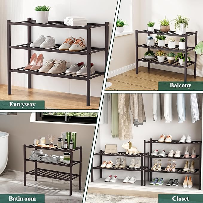 Smiry Shoe Rack, 3 Tier Small Bamboo Shoe Organizer, Stackable Free Standing Wooden Shoe Storage Shelf for Closet, Entryway, Front Door Entrance, Brown