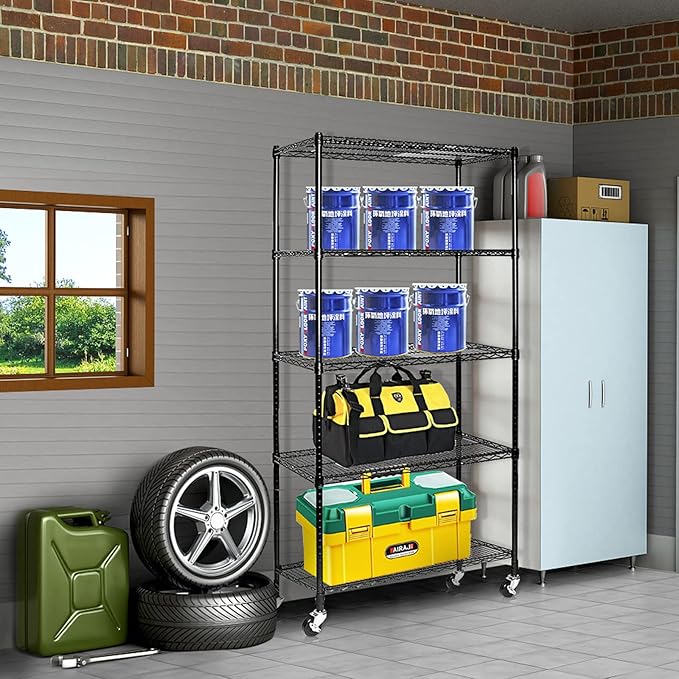 5 Tier Storage Racks Shelving, Heavy Steel Pantry Shelves, Adjustable Wire Shelving Rack with Wheels, Suitable for Garage, Kitchens, Bathroom, Offices, 35.4" W x 18" D x 71" H, Black
