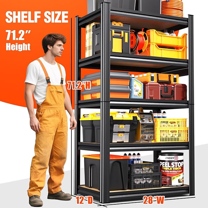 4 Pack Garage Shelving Heavy Duty 5-Tier Storage Shelves, Adjustable Shelving Unit, Utility Garage Organizer Shelf for Basement, Pantry, Kitchen, Warehouse, Supermarket, 12" Dx28 Wx71.2 H