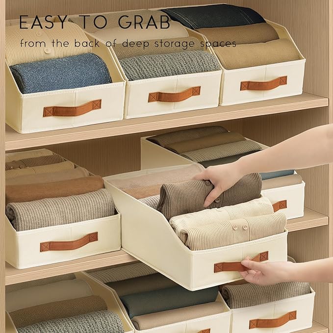 Homsorout Fabric Storage Bins for Organizing - 10 Pack Large Trapezoid Collapsible Storage Bins with Front Handle, Closet Organizers and Storage for Bedroom, Home Shelves, Small Spaces, Beige