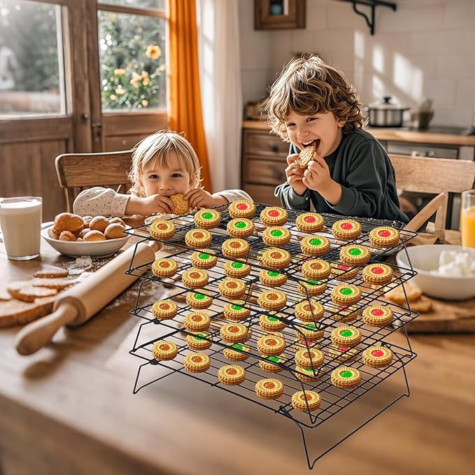 PowerKing 4-Tier Cooling Rack for Baking - 15.75" x 9.84" Stackable Stainless Steel Wire Rack, Non-Stick, Collapsible, Space-Saving Design for Cookies, Cakes, and More, Gifts for Baking Enthusiasts
