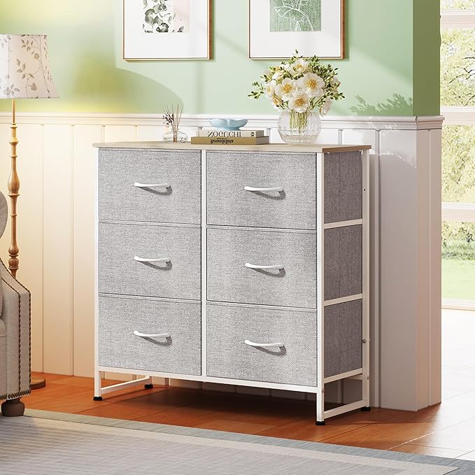 WLIVE Fabric Dresser for Bedroom, 6 Drawer Double Dresser, Closet Dresser with Fabric Bins, Chest of Drawers for Closet, Living Room, Hallway, Light Grey