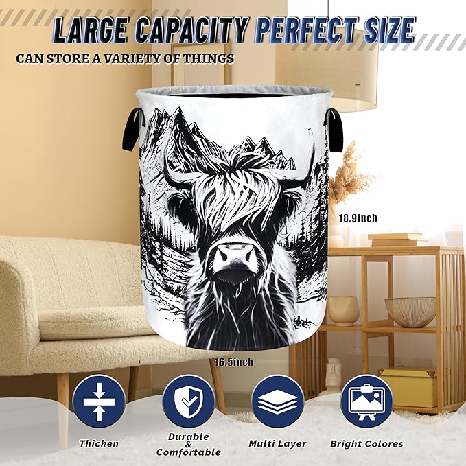 Black White Highland Cow Laundry Basket Foldable Animal Cows Laundry Hamper With Handle Portable Oxford Cloth Clothes Storage Basket Laundry Bag 18.9"x16.5" For Laundry Room/Bedroom/Bathrooms