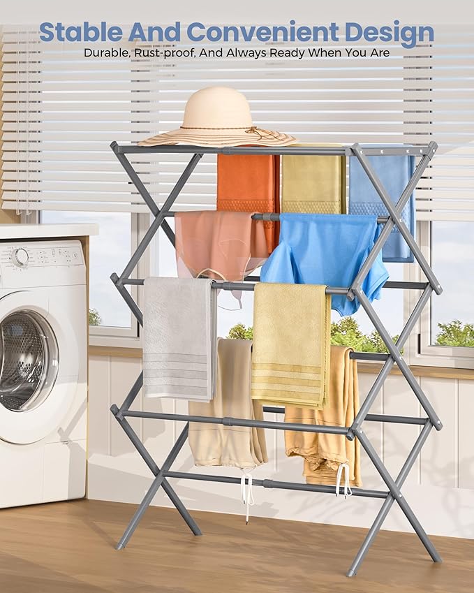 APEXCHASER Clothes Drying Rack, 3-Tier Laundry Drying Rack for Clothes, Expandable Metal Clothing Dryer, Collapsible Towel Rack, Air Drying Rack, Grey