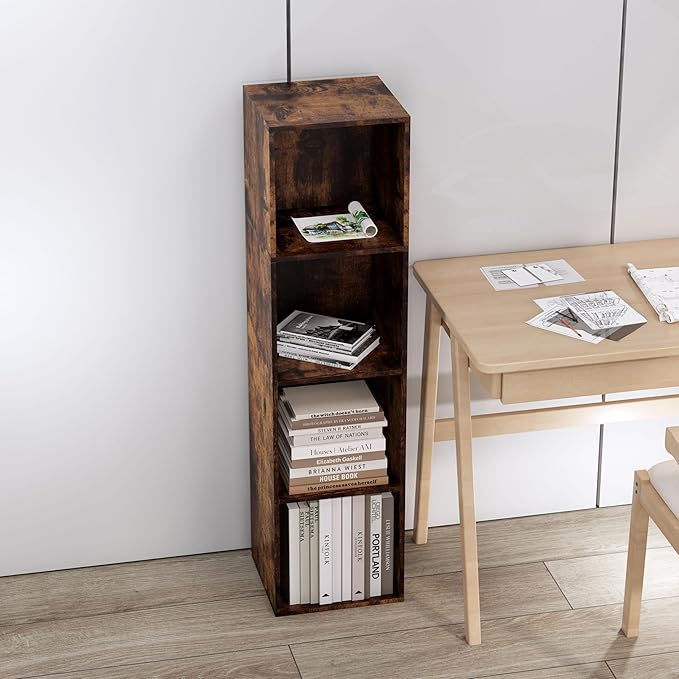 Cube Storage Organizer, 4 Cube Retro Bookshelf, Freestanding 4 Tier Open Shelf, Rustic Brown Retro Shelves for Home Office, Bedroom, Living Room, Study