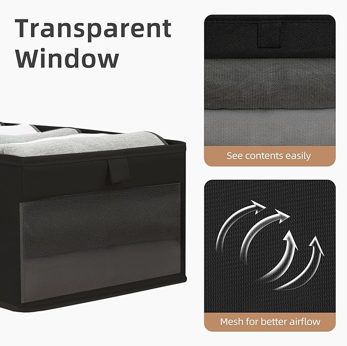 STORAGE MANIAC 6 Pack Storage Bins with Clear Window, Storage Boxes for Shelves, Sturdy Foldable Closet Organization Fabric Shelf Basket for Toy, Towel, Book, Jeans, Offices, Dorm, Wardrobe, Black