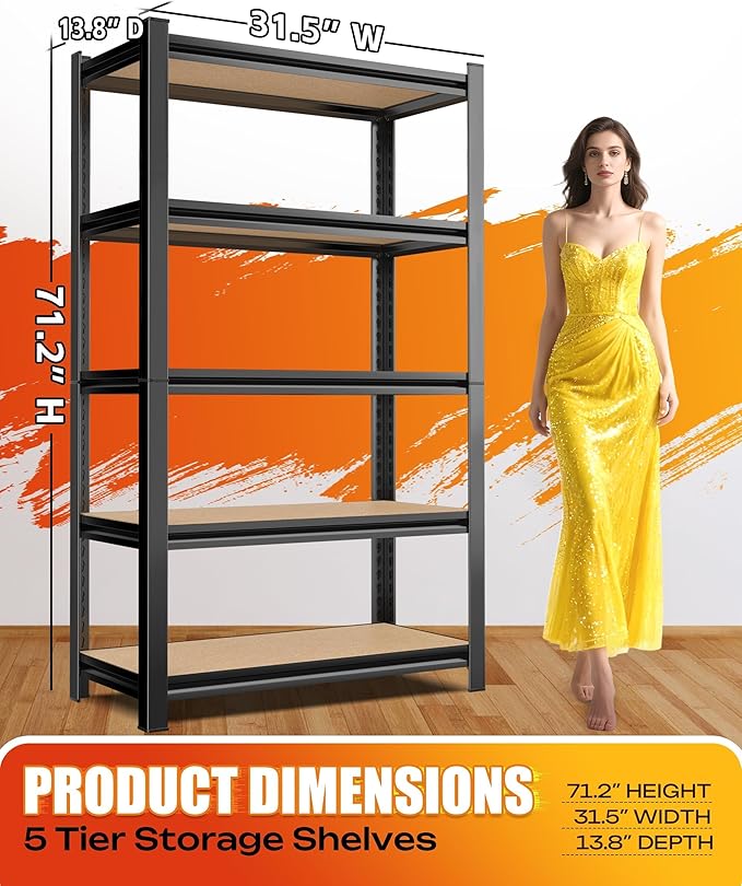 AOAORRG Set of 5 Garage Shelving Heavy Duty Storage Shelves, Metal Adjustable Shelving Unit, Utility Garage Organizer Shelf for Basement, Pantry, Kitchen, Warehouse, 31.5"W x 13.8"D x 71.2"H, Black