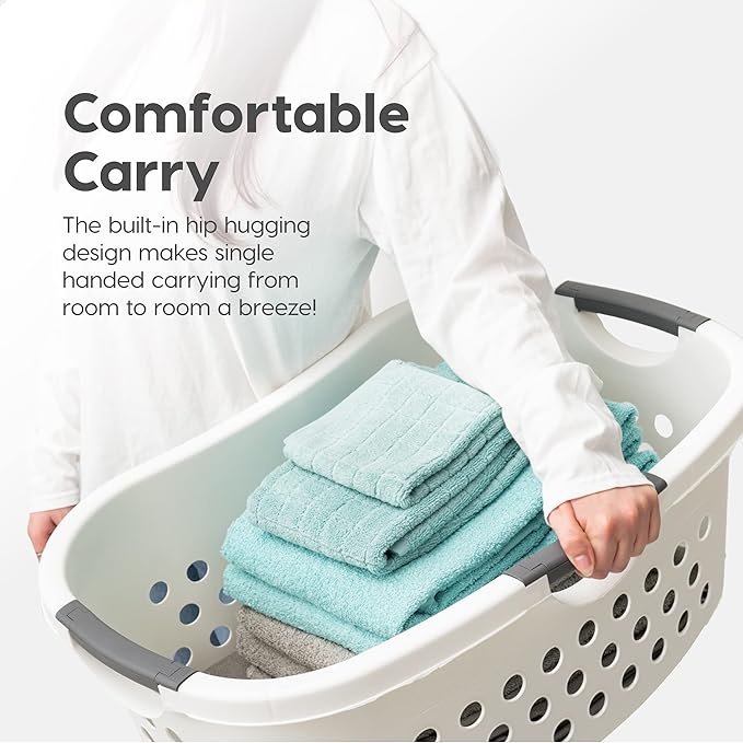 IRIS USA Laundry Basket Hamper Bag, Large Plastic 50L / 1.5 Bushel Dirty Clothes Sorter Bin Organizer for Blankets Bathroom Dorm Bedroom with Ventilation Holes Hip Hold Built-In Carry Handles, White