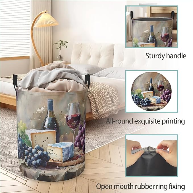 Laundry Hamper Foldable Oxford Cloth Wine Grapes Laundry Basket With Handle Portable Clothes Storage Organizer Basket Storage Bag For Laundry Room/Bedroom/Bathroom