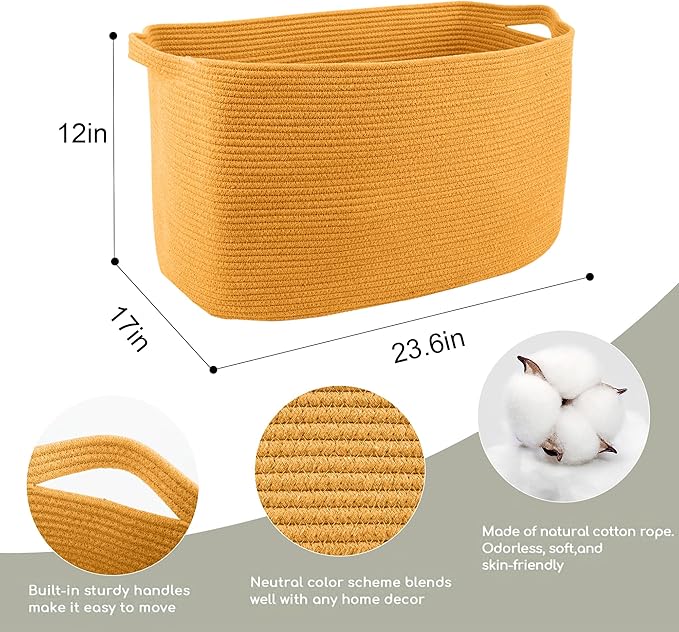 MEGASKET Extra Large Orange Storage Basket, 23.6" x 17" x 12" Rectangle Baskets for Organizing, Blanket Toy Bin Organizer, Colorful Woven Cotton Rope Baskets for Decor