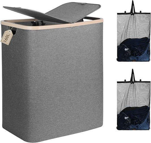 DOKEHOM 160L Double Laundry Basket with Removable Lid and Laundry Bags, Large Collapsible Laundry Hamper with 2 Sections (Dark Grey)