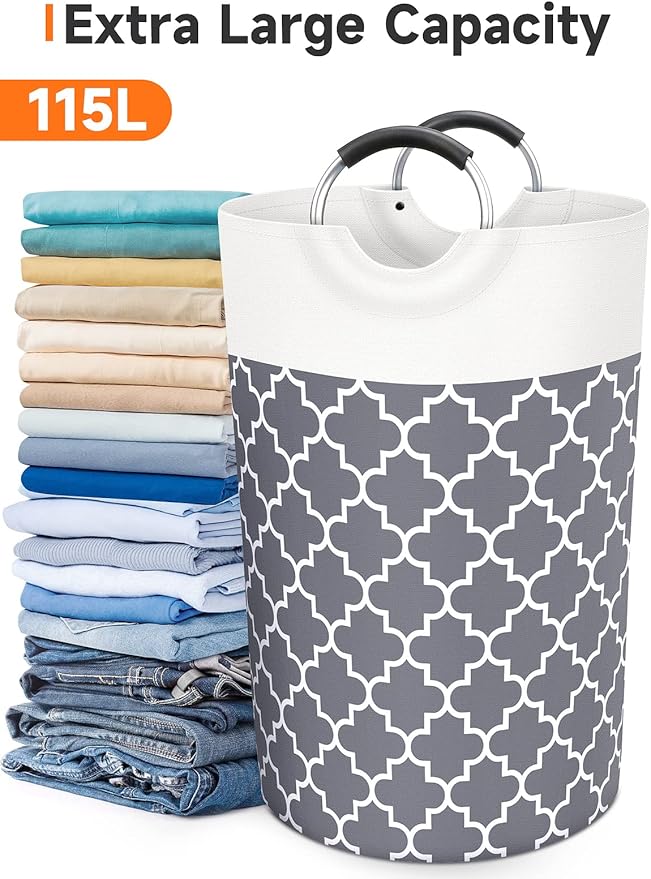Fabspace Large Laundry Basket Laundry Hamper Bag Washing Bin Clothes Bag Collapsible Tall with Handles Waterproof Travel Bathroom College Essentials Storage for College Dorm, Family (Grey) 115L