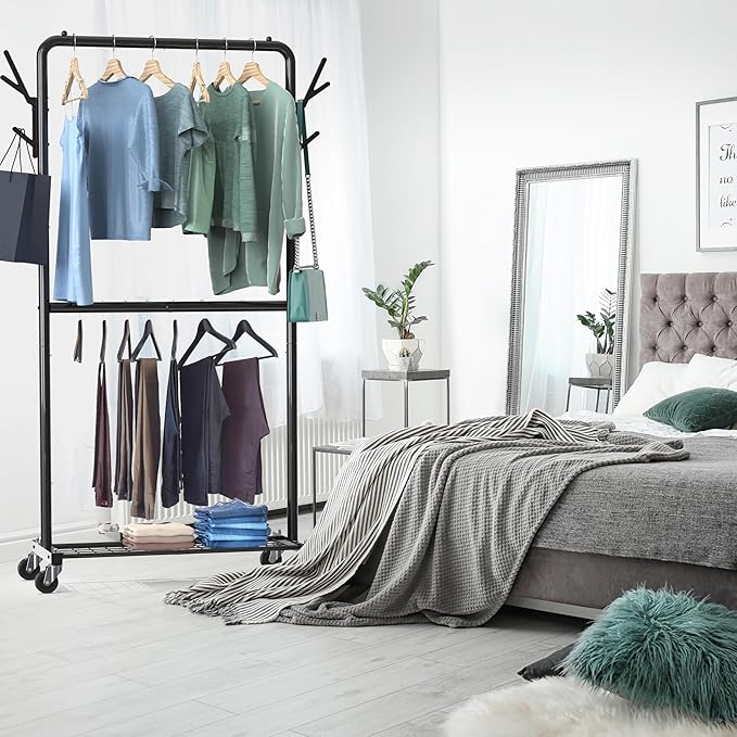 Simple Houseware Double Rod Garment Rack with Wheels and Hooks, Black