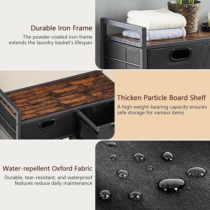 Zevemomo Large Rustic Brown & Black Laundry Basket with Wheels, 3 Compartments, 60L Capacity, Floor Mount, Laundry Room & Bathroom