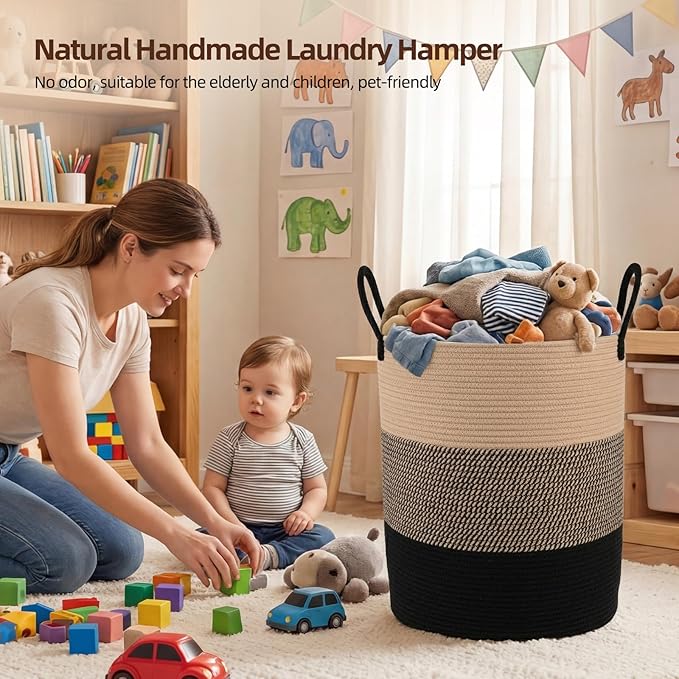 OIAHOMY Large Laundry Basket Hamper - 60L Cotton Rope Woven Basket for Blankets, Toys, Clothes - Tall Decorative Nursery Hamper with Long Handles, Yellow/Black