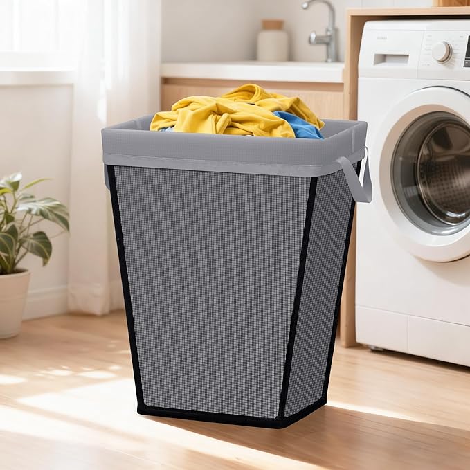 STO STO Laundry Basket 75L, Space-Saving Laundry Hamper for Small Spaces, Freestanding Clothes Hamper with Iron Frame, Removable Washable Liner, Laundry Organizer for Bedroom, Bathroom, Dorm, Gray