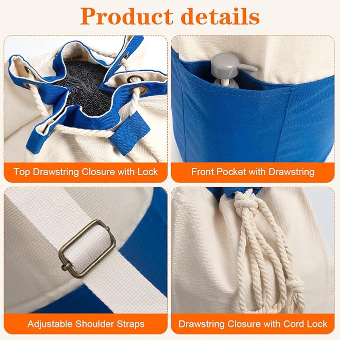 NAHADS Blue single-shoulder backpack-style laundry bag made of durable canvas material with a drawstring closure design, suitable for use at university, camping, laundromats, and apartments.