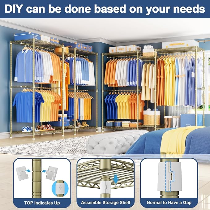 Ulif E12 Pro Clothes Rack，Heavy Duty Freestanding Garment Rack with Shelves，Metal Clothing Closet Storage System for Hanging Clothes，71" W x 16" D x 76.5" H, Hold 960 lbs，Gold
