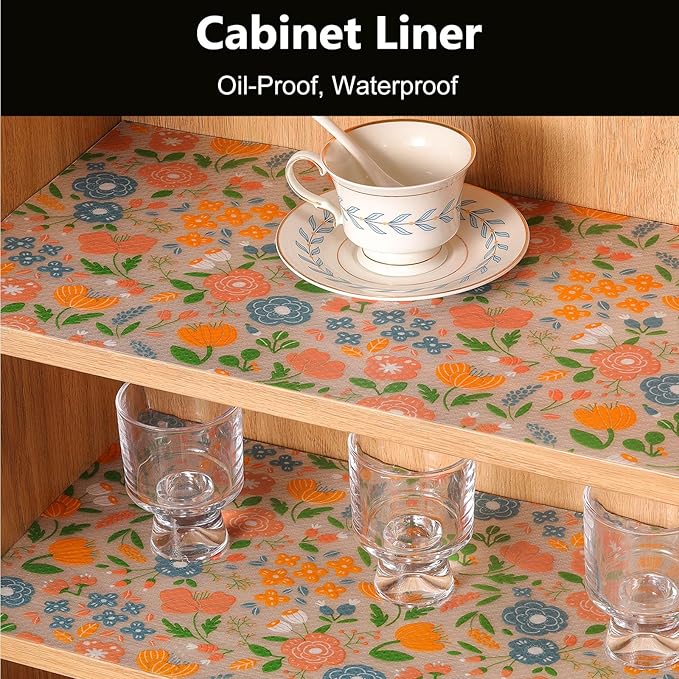 INNOLITES Shelf Liner for Kitchen Cabinets, Non-Adhesive Drawer Liner, Waterproof Washable EVA Floral Pattern, Protect Dresser Cupboard Refrigerator Shelves (Blue Orange Pink, 17.5" x 360")