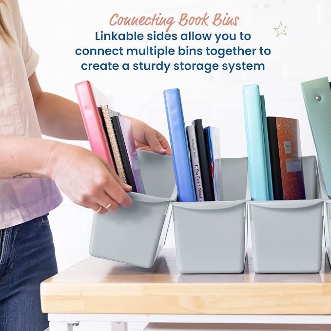 ECR4Kids Linking Plastic Storage Book Bin, Multipurpose Organization, Light Grey, 10-Piece
