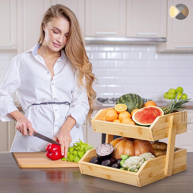 Bamboo 2 Tier Fruit Basket for Kitchen Counter, Large Capacity Fruit Storage Countertop, Fruit Holder, Wood Pantry Organizers and Storage, Kitchen Countertop Organizer With 2 Banana Hangers (Bamboo)