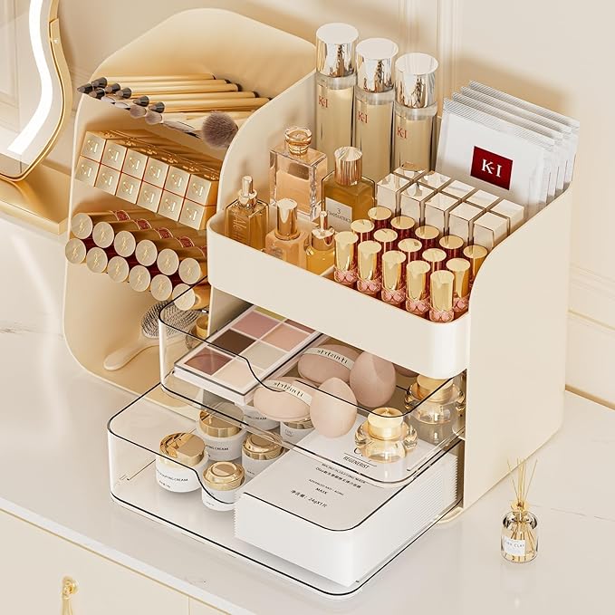Booklov Makeup Organizer for Vanity, Countertop Cosmetic Display Case with Clear Acrylic Drawers, Bathroom Counter Beauty Caddy, Cute Table Storage Holder for Skincare, Brush Lipsticks, Crystal Creem