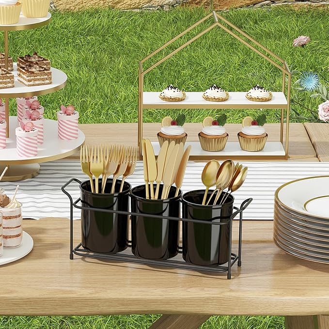 Lifewit Plastic Silverware Caddy with Metal Rack, Utensil Holder for Party, Cutlery Flatware Organizer for Kitchen Countertop, Forks Spoons Knives Storage for Picnic Camping Outdoor Buffet, Black
