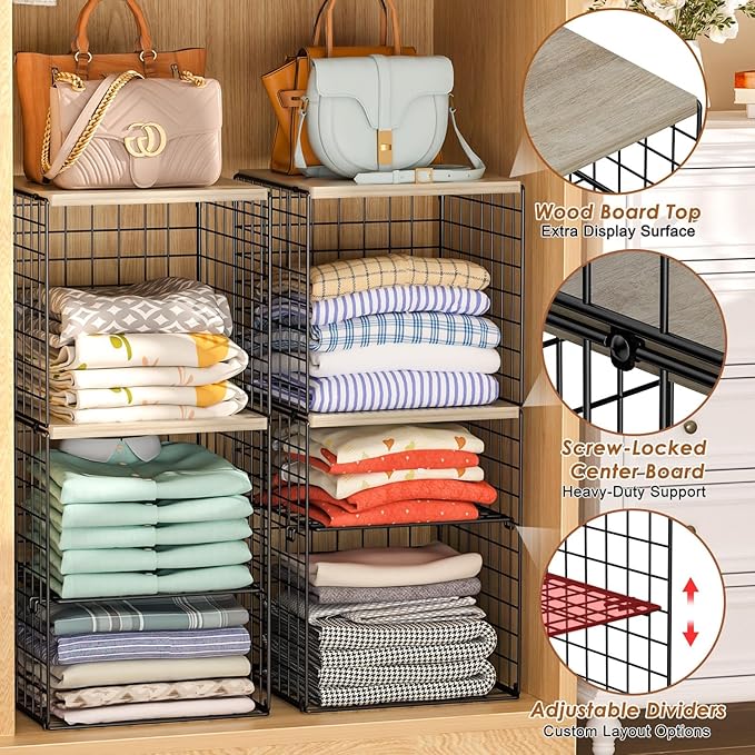 2 Pack Closet Organizer System, Extra Tall & Large Capacity Closet Shelves with Adjustable Dividers, 3-Tier Stackable Storage Bins with Wood Top (Up to 6 Tiers), for Clothes Wardrobe Organization