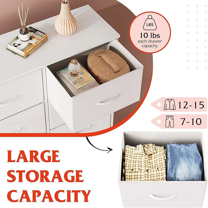 WLIVE White Dresser for Bedroom with 6 Fabric Drawers, Closet Dresser with Metal Frame, Wooden Top, Chest of Drawers for Closet, Living Room, Hallway