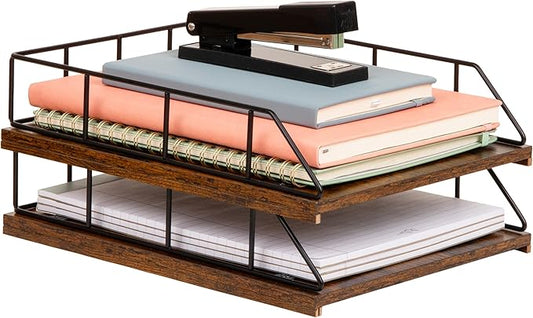 Mind Reader 2-Tier Rustic Letter Tray Organizer with Metal Frame, Wood Base for Desk or Office, Stackable, Metal and Wood, Black