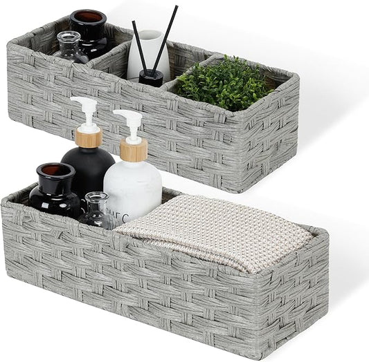 DULLEMELO Toilet Tank Basket, Set of 2 Plastic Wicker Bathroom Baskets for Organizing, Waterproof Toilet Paper Storage Basket for Bathroom, Light Grey