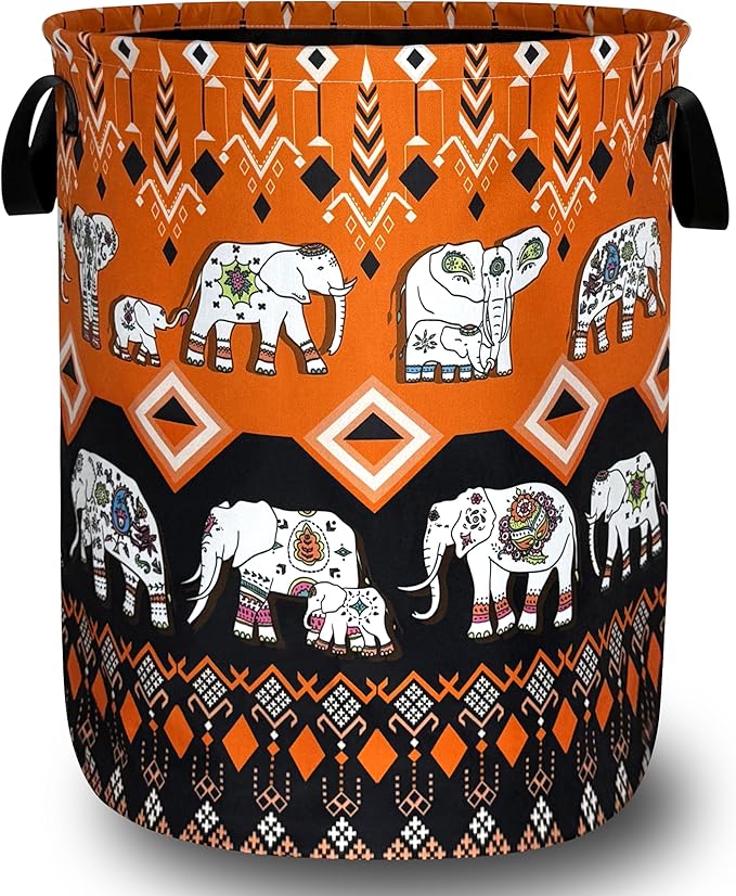 Elephants Laundry Basket Foldable Boho Elephant Animals Laundry Hamper With Handle Portable Oxford Cloth Clothes Storage Basket Laundry Bag 18.9"x16.5" For Laundry Room/Bedroom/Bathrooms