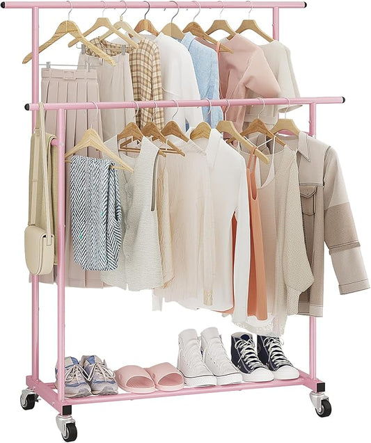 Calmootey Double Rod Clothing Garment Rack,Rolling Hanging Clothes Rack,Portable Clothes Organizer for Bedroom,Living Room,Clothing Store,Pink