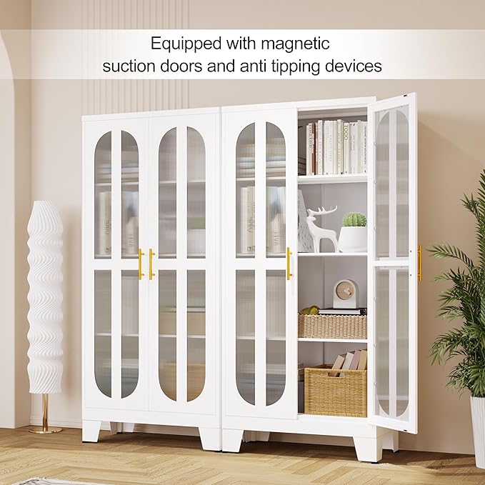 PAOFIN 61.02" Metal Display Storage Cabinet,Tall Kitchen Pantry Cabinets with Acrylic Glass Doors and Adjustable Shelves,Freestanding Storage Cupboard for Kitchen, Living Room(White)