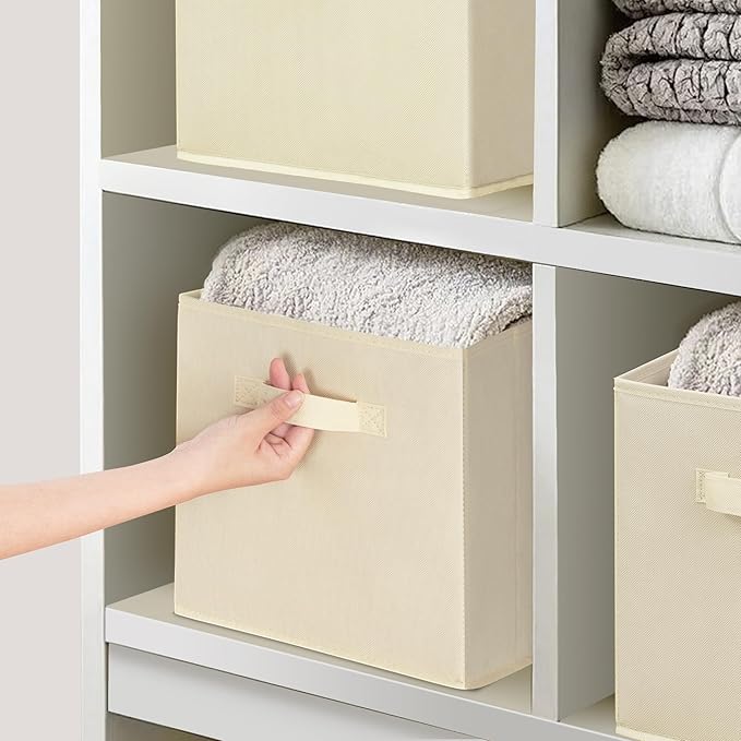 11x11 Inch Storage Bins Cubes, Fabric Foldable Storage Box, Collapsible Closet Organizer for Clothes, Blankets, Office, Bedroom, Living Room, Shelf Cabinet, Bookcase, Beige, 5 Pack