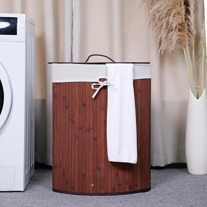 GarveeHome Corner Laundry Hamper with Lid, 15.3 Gal / 58 L Large Foldable Bamboo Laundry Basket with Washable Liner Bag, Wicker Clothes Hamper for Bedrooms Bathrooms Apartments, Brown