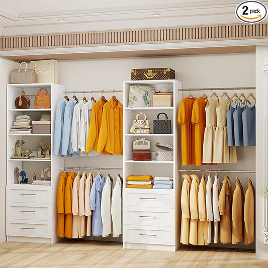 Closet System with 6 Drawers, 6FT-15FT Wooden Closet Organizer System with 8 Expandable Hanging Rods and Shelves, Closet Shelving System for Walk in Closet for Bedroom,Wall Mount, White 2 Sets