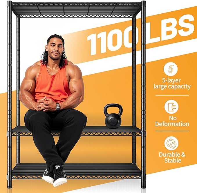 REIBII 72''H Metal shelving 5 Tire Storage Shelves for Garage Shelving Adjustable Wire Shelving Rack Heavy Duty Shelving Unit for Garage, Kitchen, Pantry, Laundry Room, Commercial, 72''H X36''W X14''D