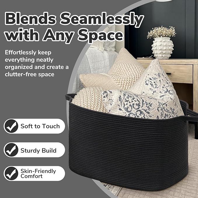 Goodpick Extra Large Storage Basket, 23.6" x 15.7" x 13.8" Rectangle Cotton Rope Basket for Blankets, Pillows, Toys, Woven Dirty Clothes Baskets for Laundry, Black