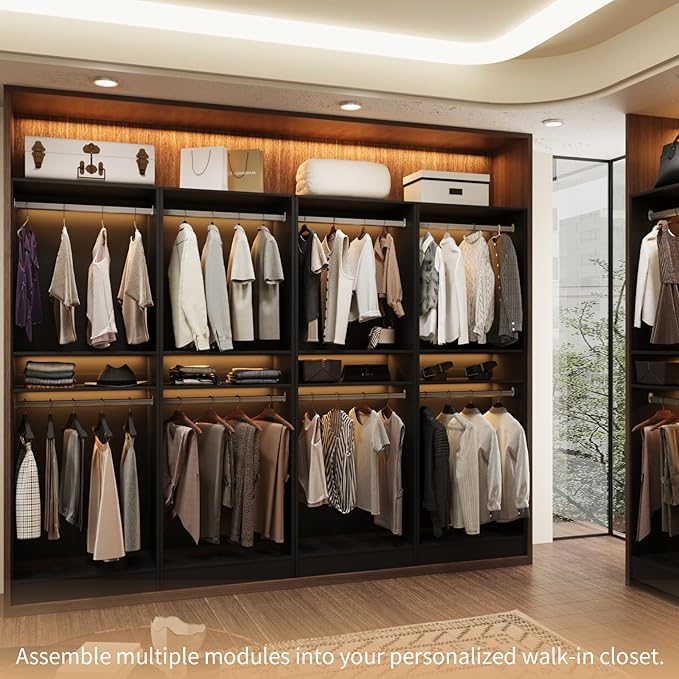 VOWNER 25'' Freestanding Closet System with Shelves, Wood Closet Organizer System with Hanging Rods, Walk-in Closet Tower, Clothes Garment Rack, Wardrobe Closet for Bedroom Entryway