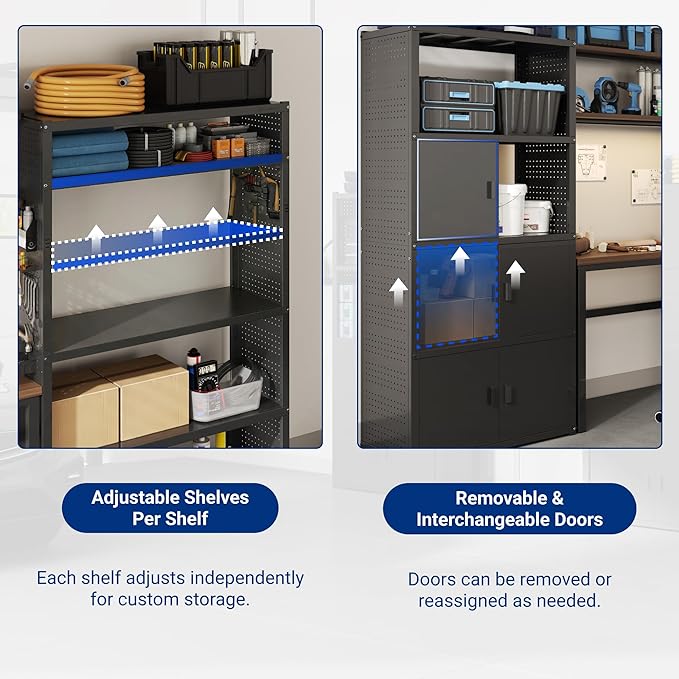 FLEXIMOUNTS Garage Storage Cabinet System, 3-in-1 Modular Metal Tool Cabinet w/ Workbench and Metal Board Shelf Includes Pegboard, 24-Gauge Steel, 117"(L) w/ 6 Doors, Black, FLEXIMOD Series