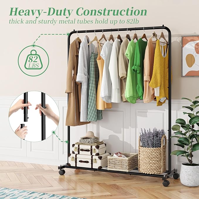 Simple Trending Clothing Rack for Hanging clothes, Portable Garment Rack with Bottom Shelf, Metal Clothes Rack on Wheels for Bedroom, Laundry Room, Black