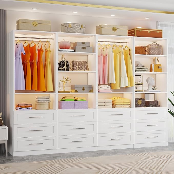 Closet System with 12 Wooden Drawers, 10 Shelves & 6 Hanging Rods, 8–21 ft Adjustable Closet Organizer System, 2800 lbs+ Walk-In Closet System, Modular Custom Closet Kit, White(Set of 4)